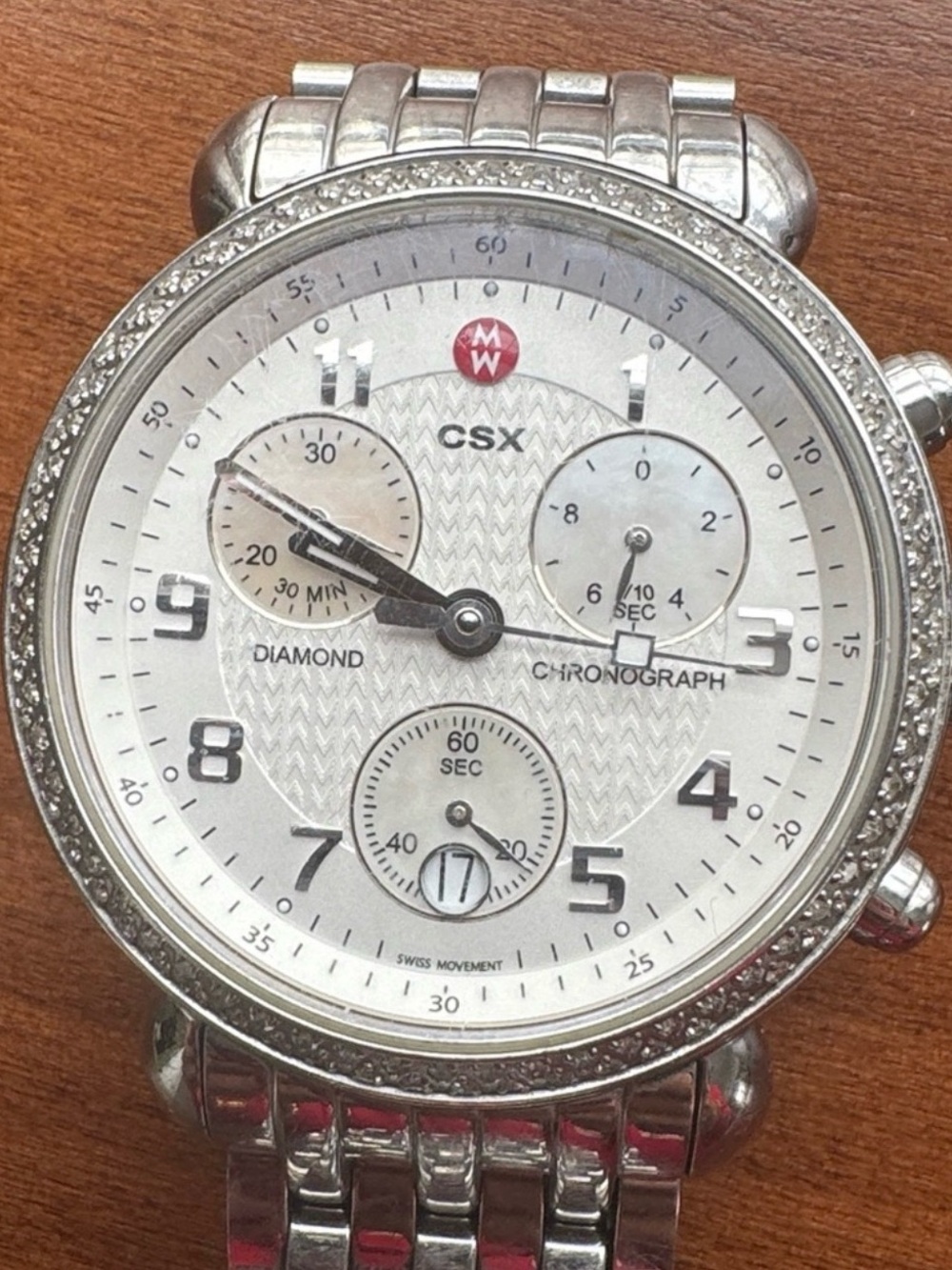 Michele Silver-Tone CSX Chronograph Watch with White Dial